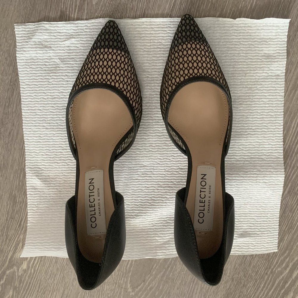 Charles & Keith Leather Mesh D'Orsay Pumps-Black